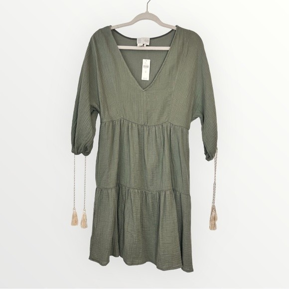 Anthropologie Saturday Sunday Olive Green BOHO Tassel Sleeve Dress NWT Size XS - Picture 1 of 8